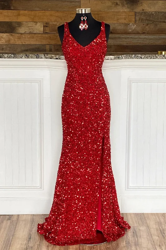 Shop More, Spend Less!Sheath Spaghetti Straps Red Sequins Prom Dress with Split Front Shop More, Spend Less!Sheath Spaghetti Straps Red Sequins Prom Dress with Split Front