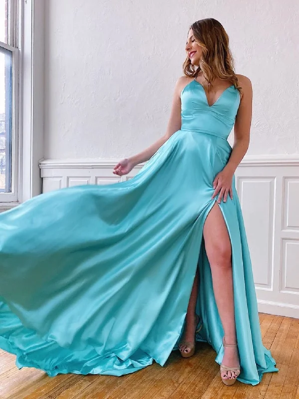 Incredible Savings Inside!Spaghetti Long A-line Blue Satin Prom Dresses, Side Slit Long Prom Dresses, A-line Prom Dresses Incredible Savings Inside!Spaghetti Long A-line Blue Satin Prom Dresses, Side Slit Long Prom Dresses, A-line Prom Dresses