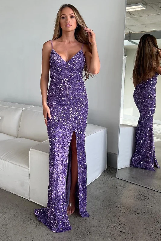 Act Fast – Limited Time Savings!Sparkly Purple Mermaid Long Prom Dress With Slit