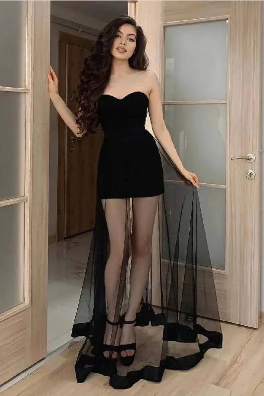 One Click Away from Big Savings!Strapless Black Prom Gowns with Sheer Overskirt