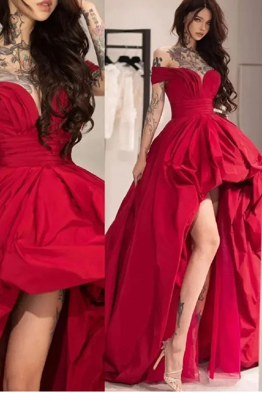 Shop Today, Save Tomorrow!Sweetheart Hi-low Red Prom Dresses with Off-the-shoulder