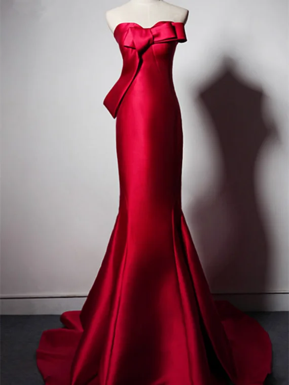 Limited Deals, Unlimited Savings!Sweetheart Long Mermaid Red Satin Prom Dresses, Lovely Bow Prom Dresses, Elegant Prom Dresses