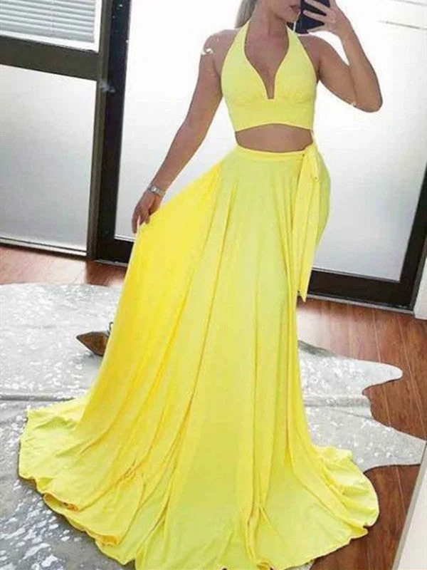 Stock Up and Save!Two Pieces Yellow A-line Long Prom Dresses, 2021 Simple Chiffon Prom Dresses Long Stock Up and Save!Two Pieces Yellow A-line Long Prom Dresses, 2021 Simple Chiffon Prom Dresses Long