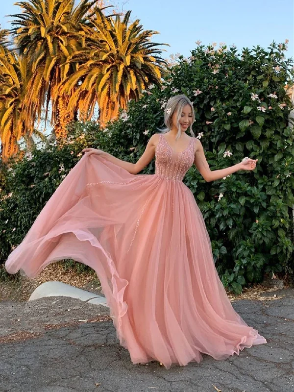 Shop Smart, Save Big!V-neck Long A-line Blush Pink Prom Dresses, Beaded Seqiun Prom Dresses, 2021 Prom Dresses