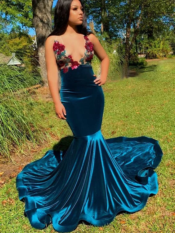 Limited Deals, Unlimited Savings!V-neck Long Mermaid Prom Dresses, Velvet Prom Dresses, 2020 Long Prom Dresses