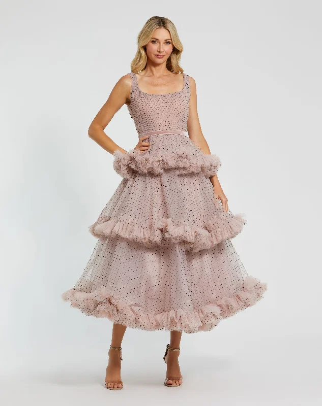 One Click Away from Big Savings!Sleeveless Dot Net Ruffle Dress