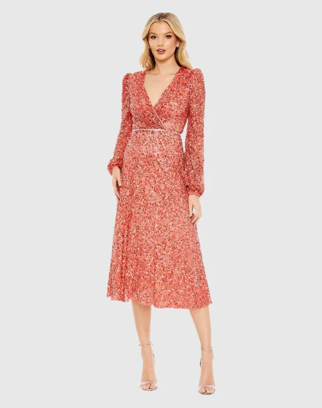 Your Exclusive Offer Awaits!Sequined Puff Sleeve Wrap Over A Line Dress