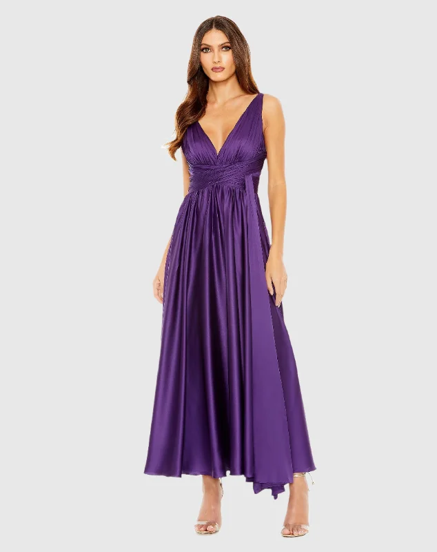 Shop Early, Save Big!Ruched Top Satin Pleated Tea Length Dress