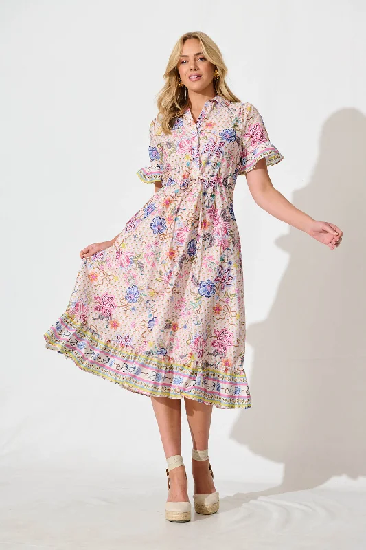 Stock Up and Save!Aiken Midi Dress in Multi Floral Cotton