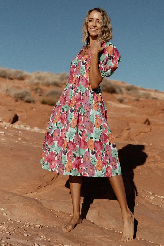 The Best Sale of the Year!Aimee Puff Sleeve Midi Dress | Pink Multi