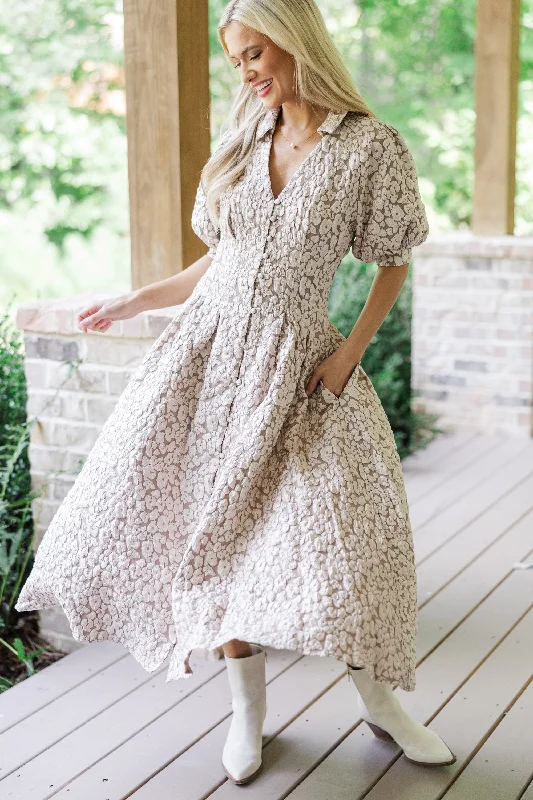 Your Dream Deal is Here!All Going To Plan Taupe Floral Brocade Midi Dress