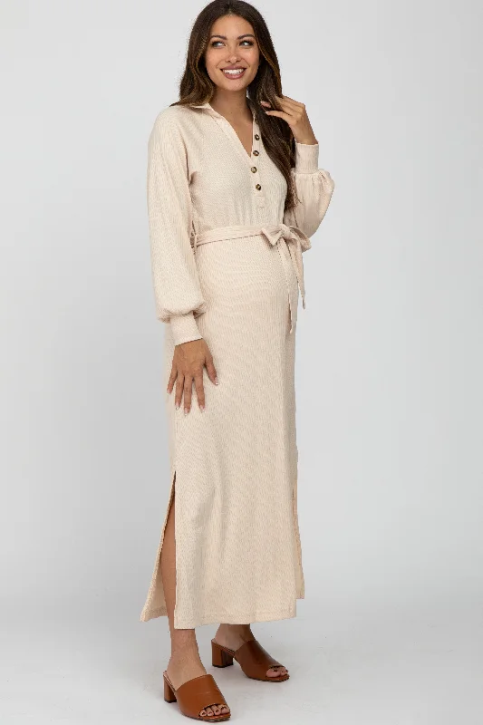 Save Up to 50% Off!Beige Button Accent Collared Maternity Maxi Dress