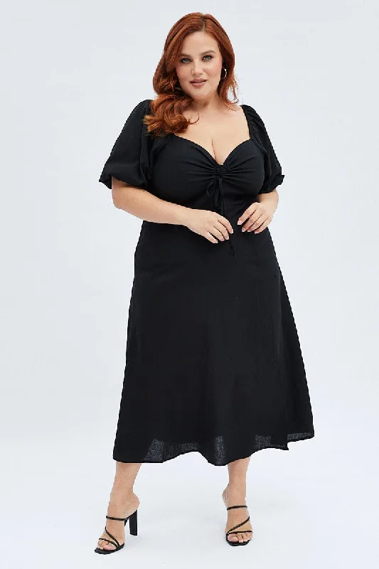Time to Save Big!Black Midi Dress Fitted Drawstring Front Puff Sleeve