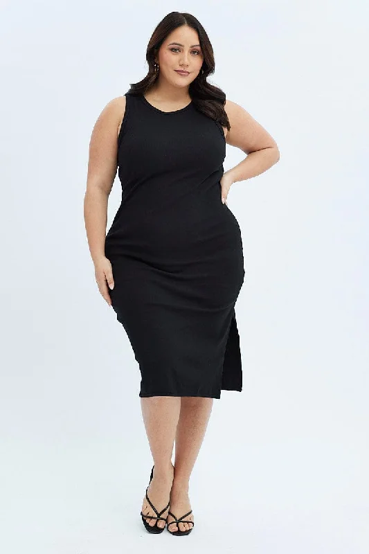 Find the Best Deals Here!Black Midi Dress Rib Jersey Fitted Sleeveless