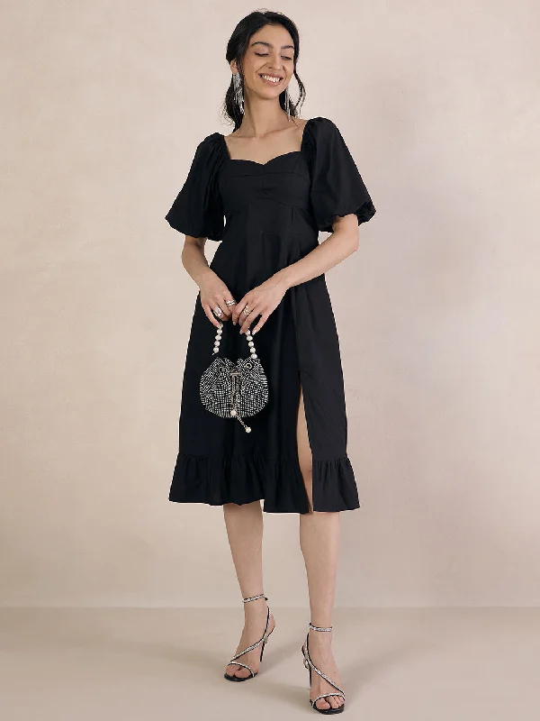 Get the Best for Less!Black Poplin Sweetheart Neck Midi Dress