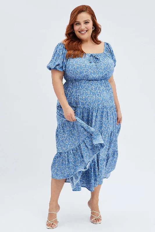 Hottest Discounts of the Year!Blue Ditsy Midi Dress Off Shoulder Tie Front Layered Skirt
