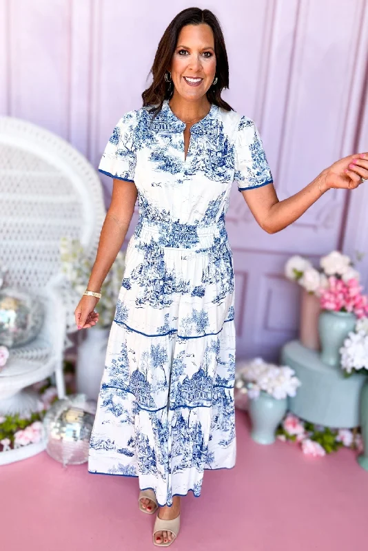 Snag the Best Prices Now!Blue Print Balloon Short Sleeve Split Neck Smocked Waist Tiered Dress