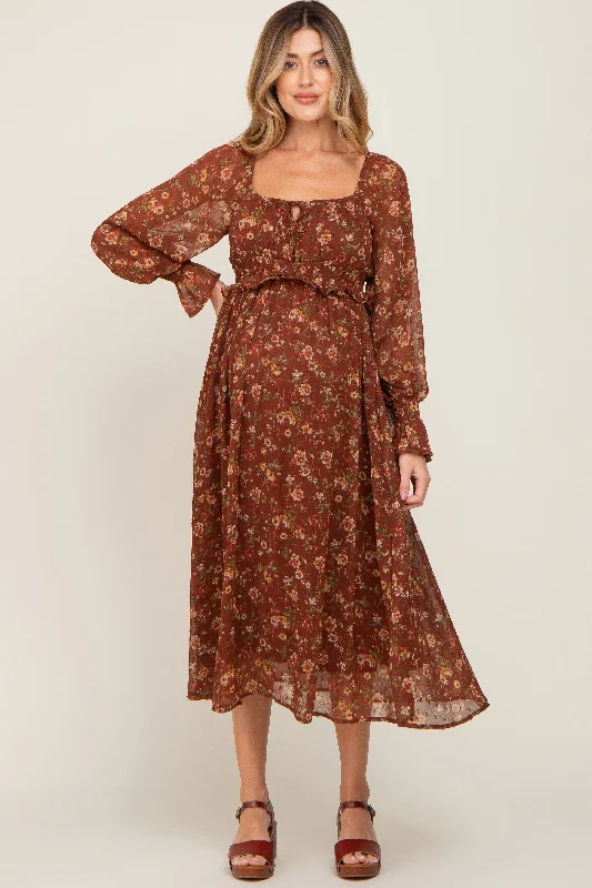 Your Chance to Save is Now!Brown Floral Chiffon Smocked Waist Maternity Midi Dress