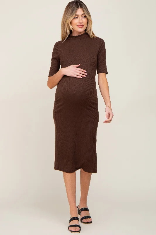 Great Deals, Just for You!Brown Ribbed Mock Neck Maternity Midi Dress