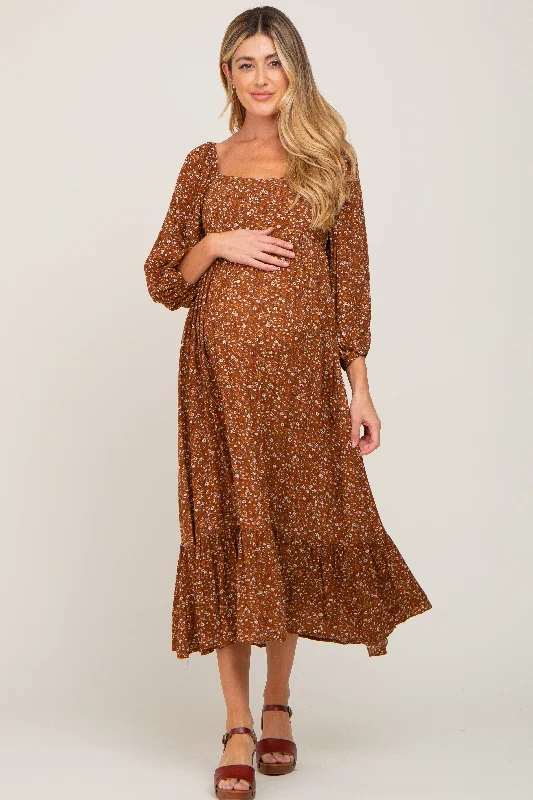 Best Deals Just for You!Camel Floral 3/4 Sleeve Maternity Midi Dress
