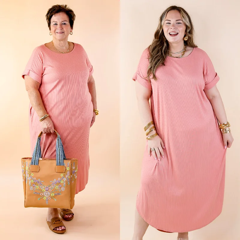 Limited Time Offer!Chill Looks Short Sleeve Ribbed Midi Dress in Peach Pink