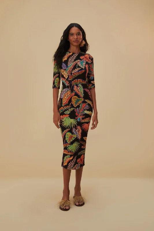 Shop Now and Save!Cool Foliage Black Jersey Midi Dress
