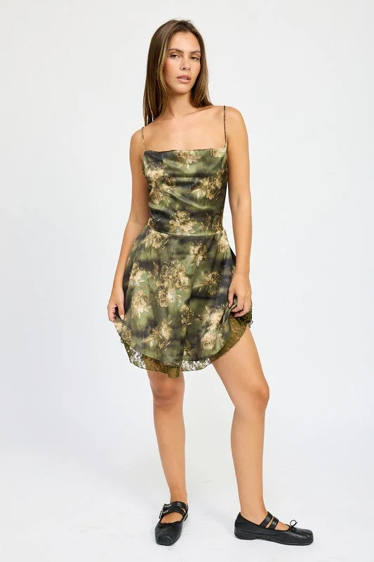Seasonal Sale – Shop Now!Hot Girl Camo Chic Floral Lace Hem Mini Dress In Olive