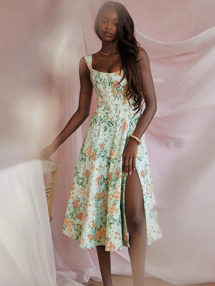 Special Discounts Inside!Split Print A-line Spaghetti Strap Spring Summer Elegant Long Sexy Midi Dress