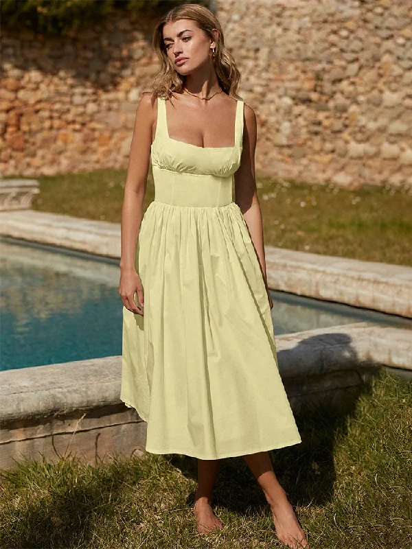 Find Your Perfect Deal Today!A-line Spaghetti Strap Nightclub Sexy Summer Square Neck Backless Long Midi Dress