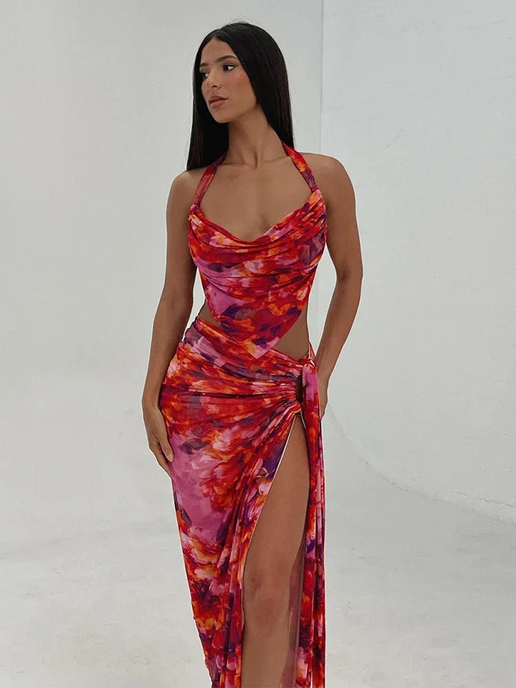 Enjoy Huge Discounts Now!Party Print Two Piece One Shoulder Crop Top High Split Skirts Summer Midi Dress