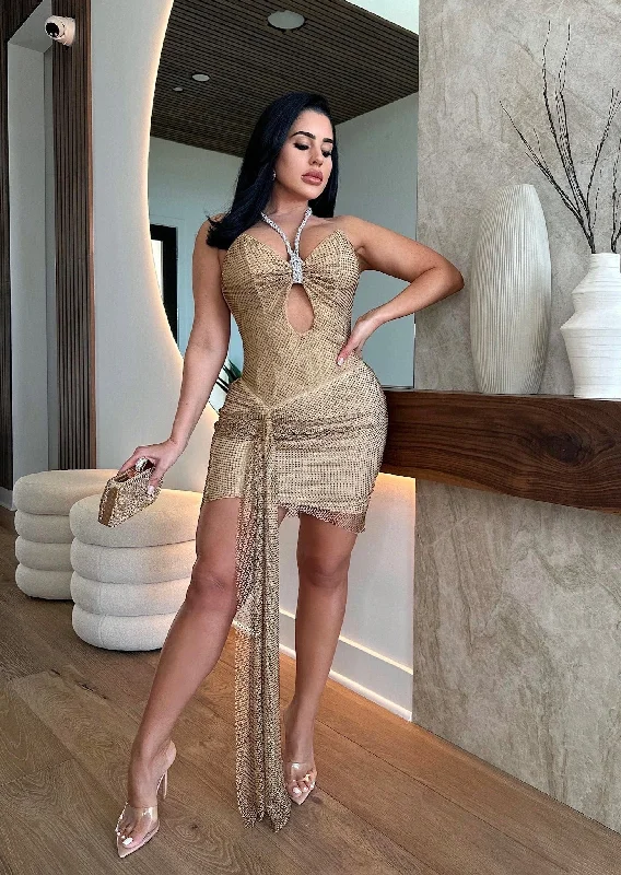 Save Like Never Before!Cupids Kiss Rhinestones Ruched Mini Dress Nude