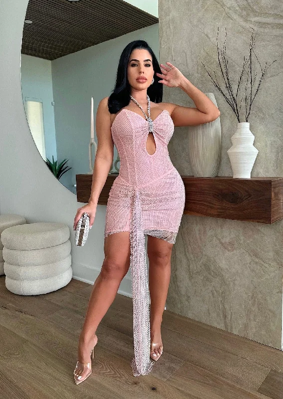 Flash Deals – Act Quickly!Cupids Kiss Rhinestones Ruched Mini Dress Pink