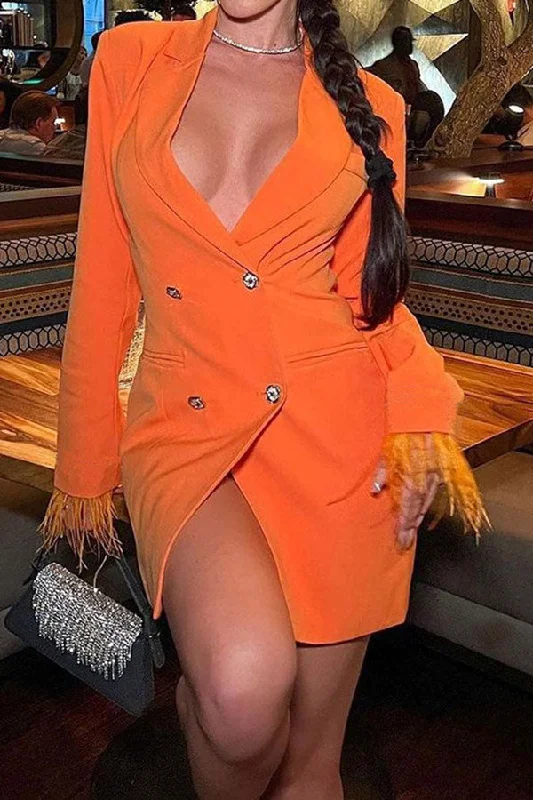 Exclusive Offers You’ll Love!Feather Trim Modern Double Breasted Mini Blazer Dress