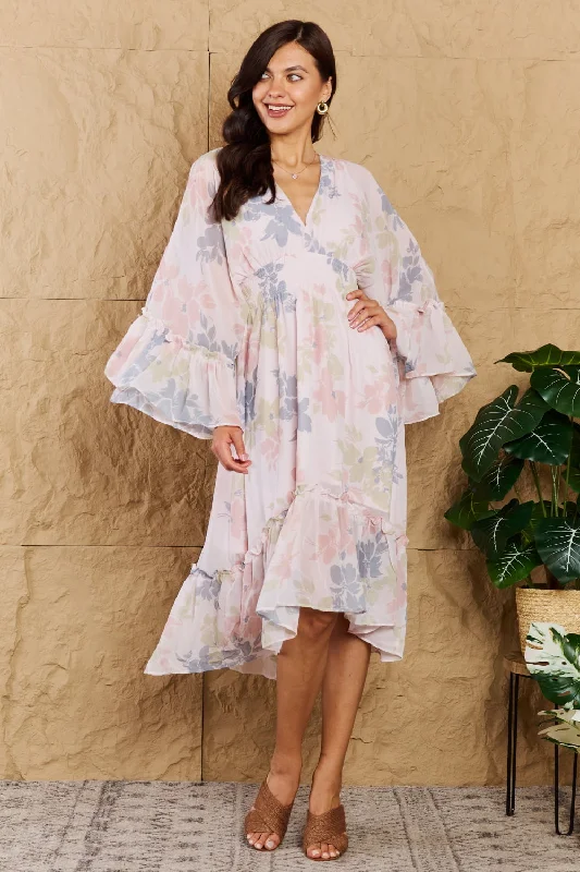 Snag the Best Prices Now!Floral Bell Sleeve Midi Dress in Coral