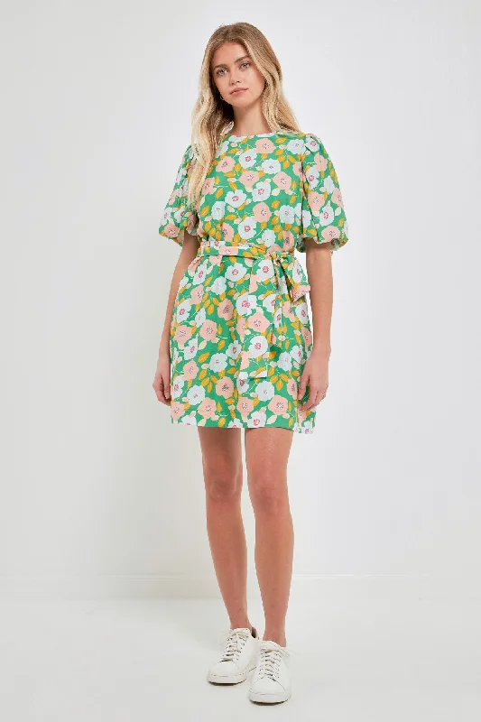 Limited Time Offer!Floral belted Puff Sleeve Mini Shift Dress