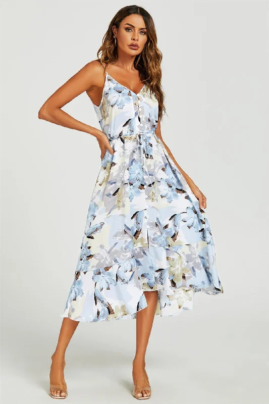 Limited Deals, Unlimited Savings!Floral Print Button Down High Low Strappy Dress In Blue