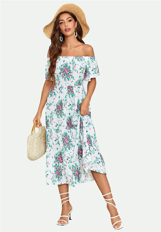 Huge Savings – Act Now!Floral Print Relaxed Bardot Midi Dress In White