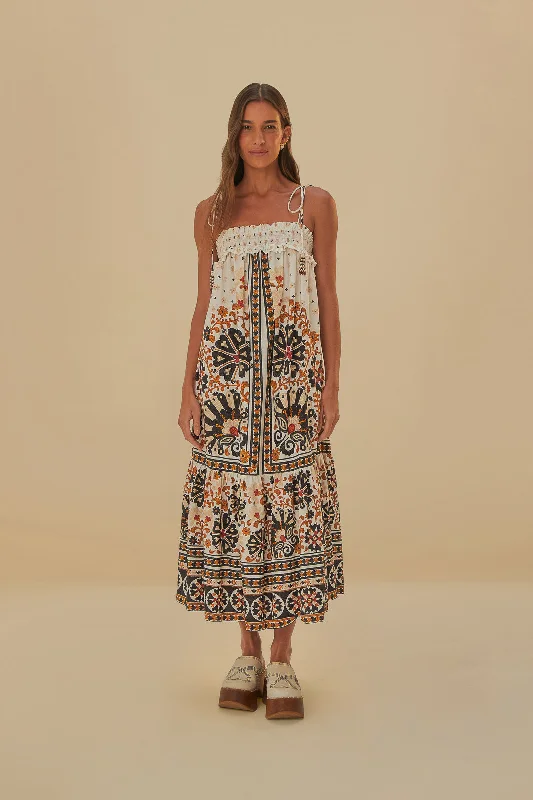 The Best Offers Are Here!Flower Fan Tapestry Off-White Midi Dress