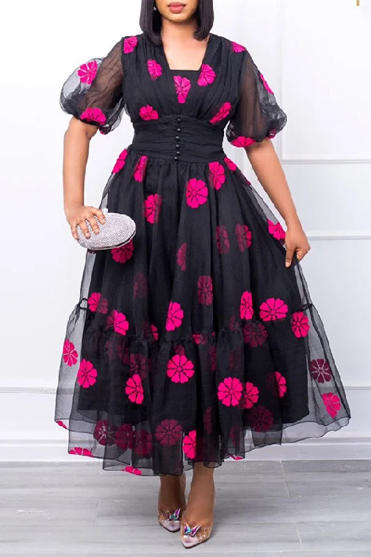 Lowest Prices Guaranteed!Flower Print Feminine Mesh Layered Midi Dress