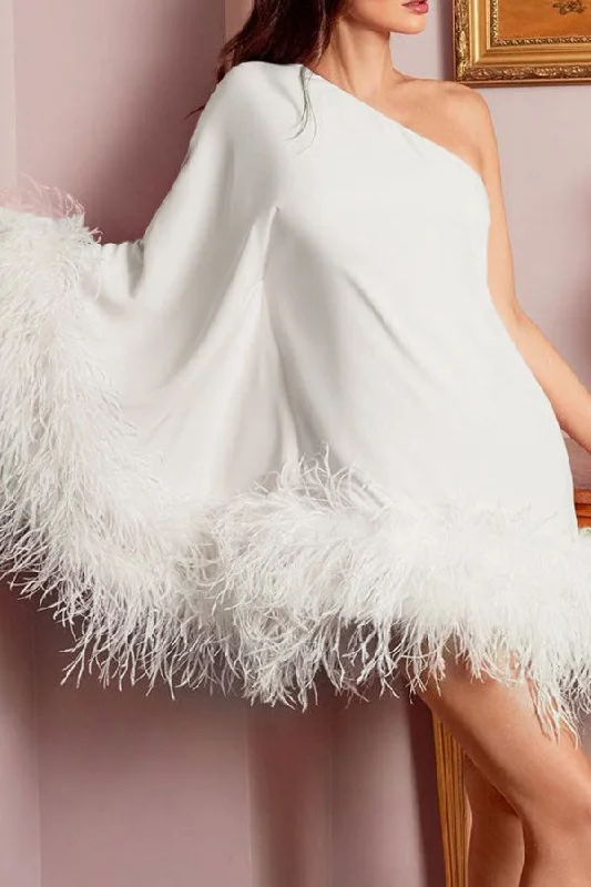 The Best Offers Are Here!Fuzzy Trim One Shoulder Unique Cape Mini Dress
