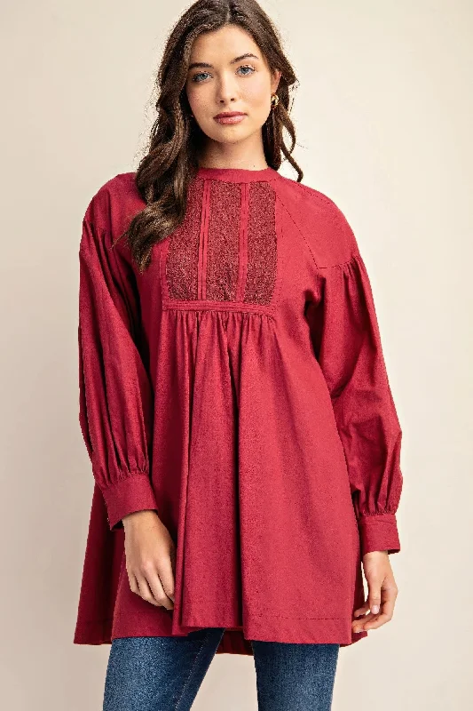 Save More Than Ever!Hot Girl Lucia Lace Cotton Long Sleeve Mini Dress In Red
