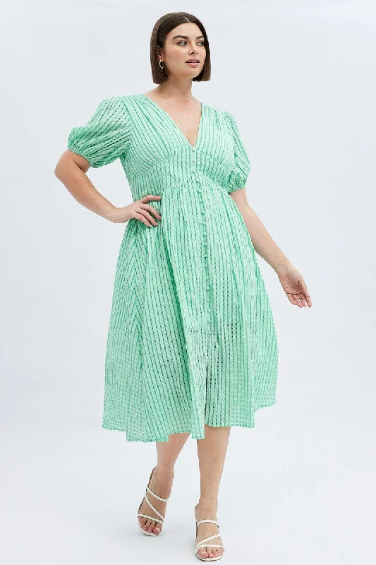 Limited-Time Price Drop!Green Midi Dress Short Puff Sleeve