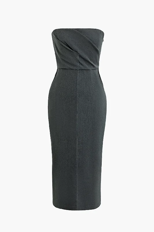 Shop the Hottest Deals!Solid Slit Ruched Strapless Midi Dress