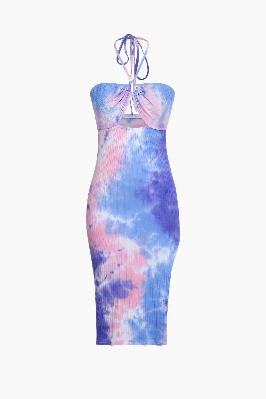Incredible Savings Inside!Blue Tie Dye Halter Neck Midi Dress