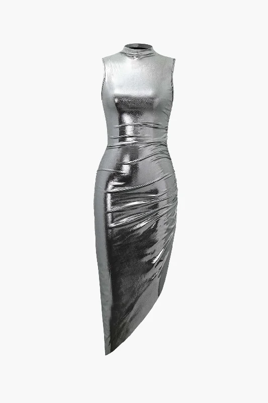 Everything Must Go!Metallic Asymmetric Hem Sleeveless Midi Dress