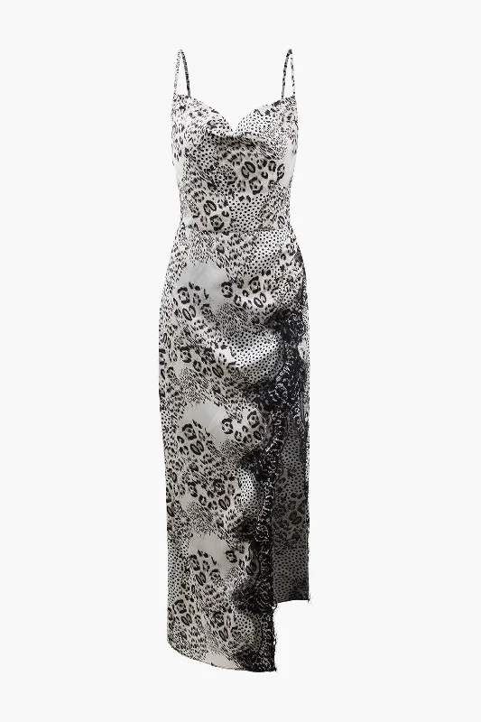 Unbeatable Prices!Leopard Print Lace Trim Slit Midi Dress