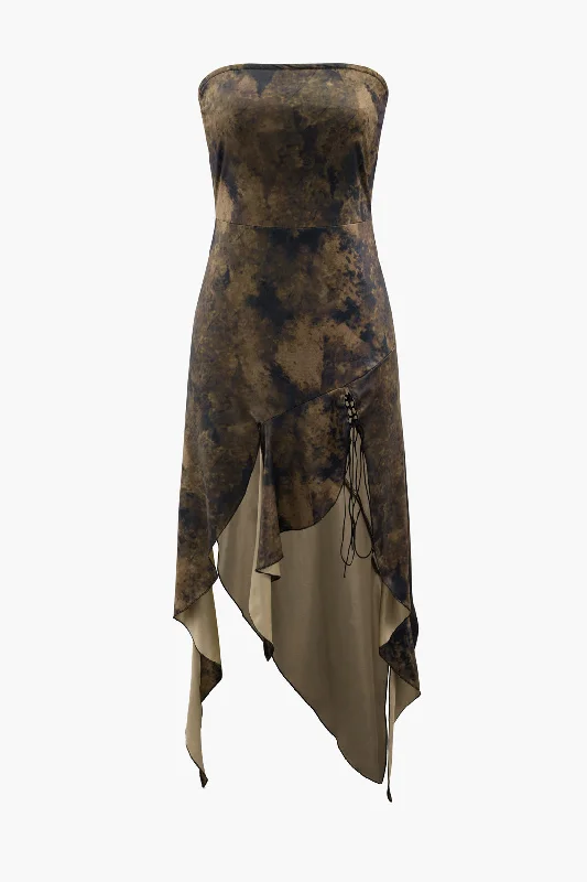 Your Chance to Save is Now!Tie Dye Asymmetric Ruffle Strapless Midi Dress