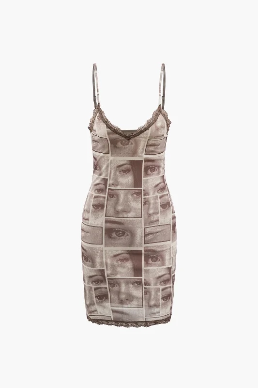 Hot Deals You Can’t Resist!Face Graphic V-neck Lace Trim Mini Dress