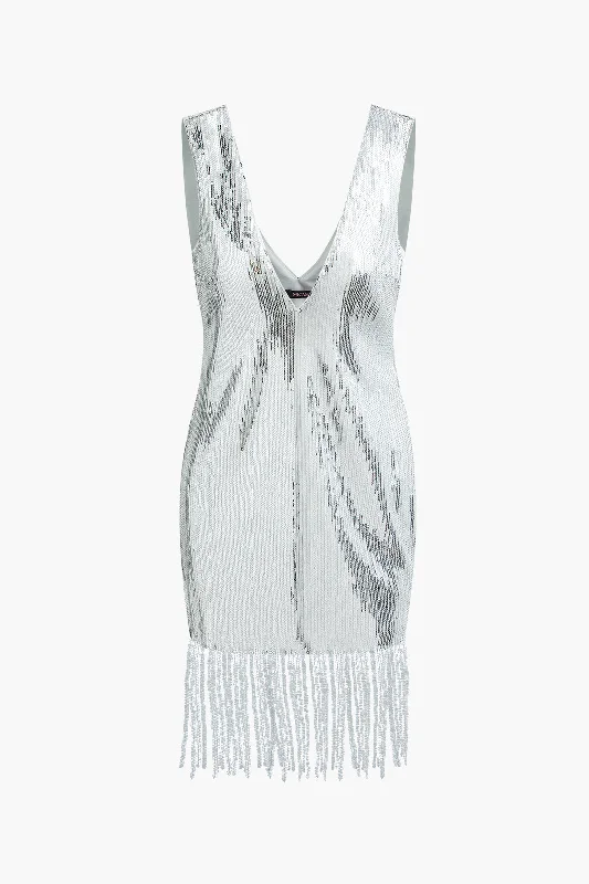 Save More Than Ever!V-neck Sequin Fringe Hem Midi Sleeveless Dress