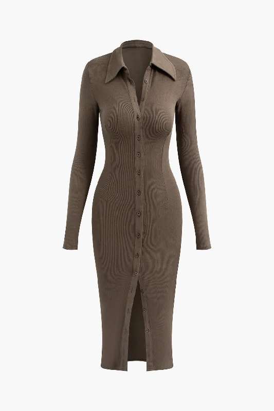 Shop Before It’s Gone!Rib Knit Button Up Collar Midi Dress